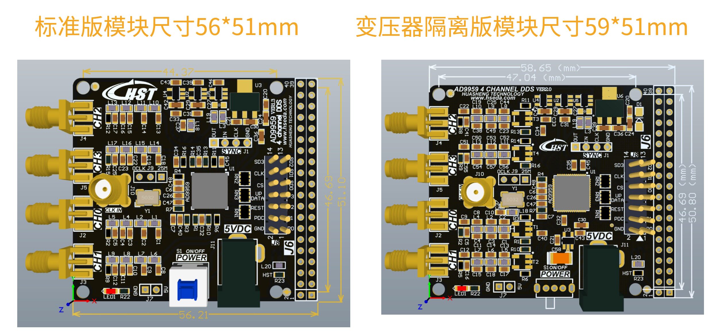 标准版与变压器隔离版尺寸对比